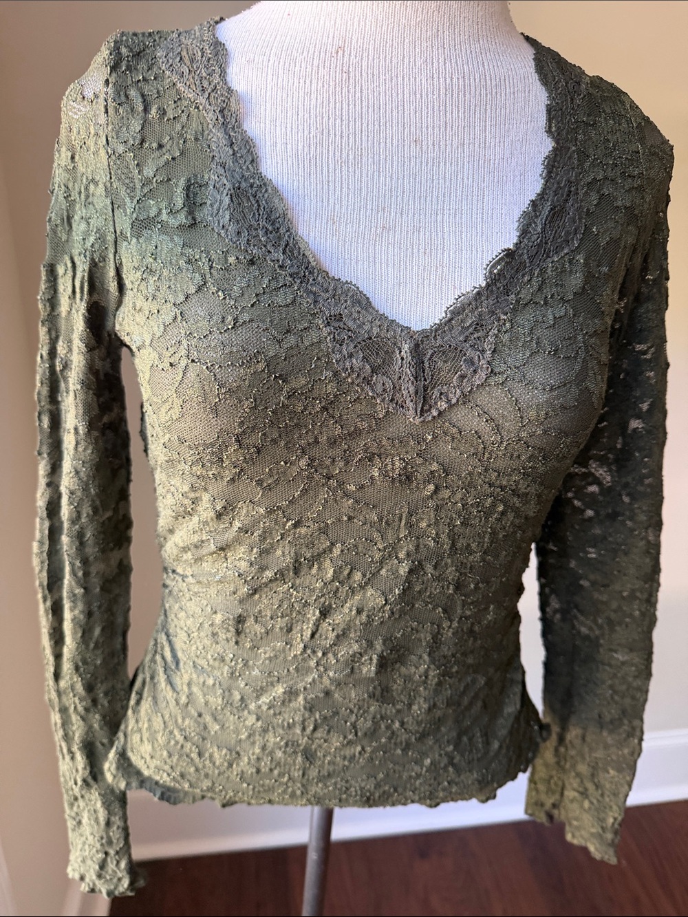 Casadei Olive Lace V-Neck Long Sleeve Top
